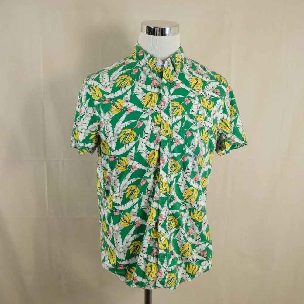 J. Crew Large Hawaiian Shirt Green Bananas Tropical Cotton Short Sleeve Mens